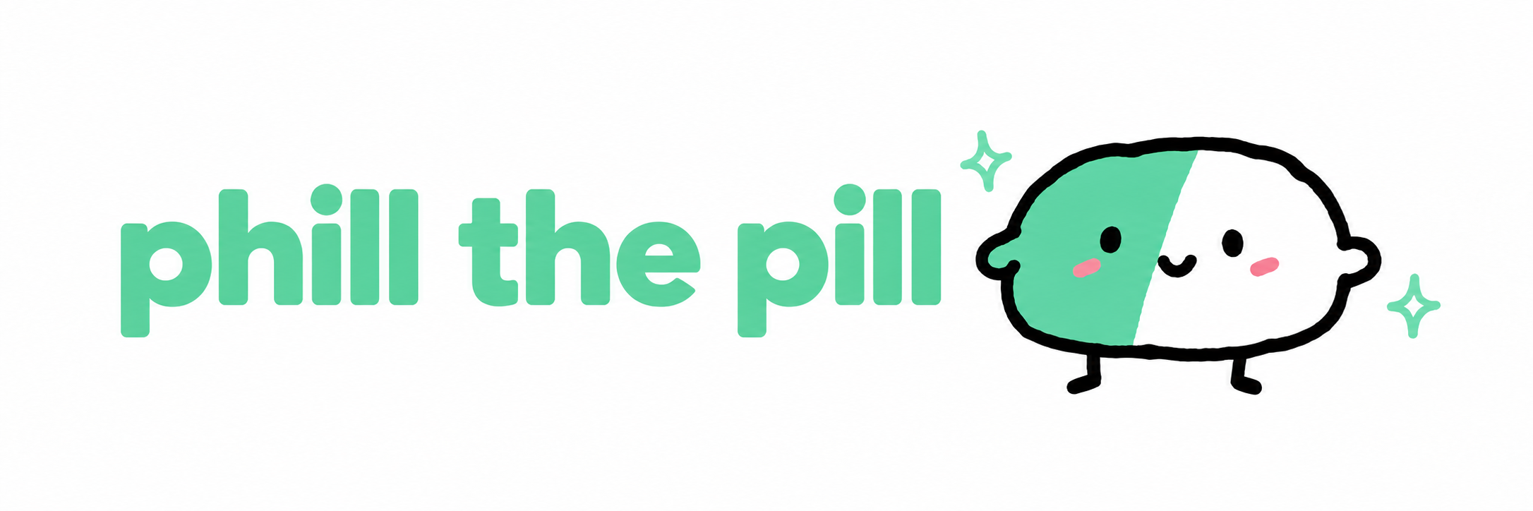 White banner with phill the pill in mint green beside the character